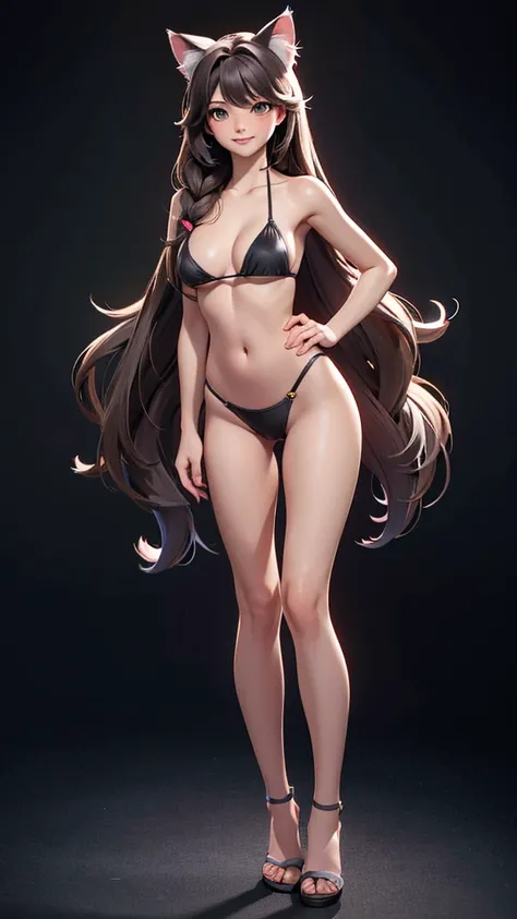 (high resolution, full body, soft skin:1.2),(best illustration,masterpiece:1.2),ultra-detailed,[(cat ears , gray inside:1.2, brown cat eyes, rainbow long hair, large breast),vivid colors,sharp focus,portrait, beach lighting,bokeh, wearing a tan bikini, wat...