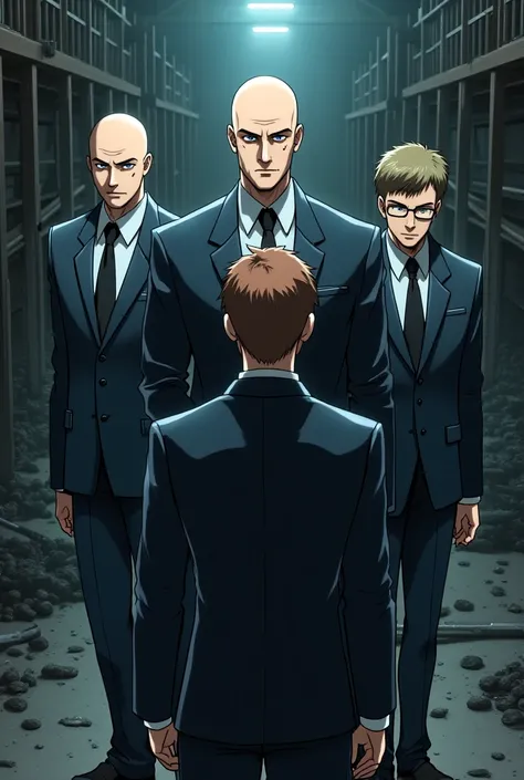  Agent 47 with two more companions killing another agent. In the anime full body  