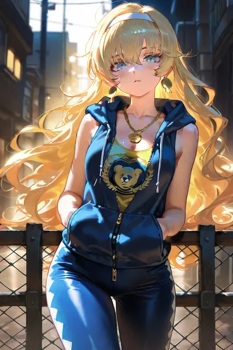 ( Masterpiece : 1.2), (    very detailed: 1.2), (    very detailed CG: 1.2), (    HD: 1.2), 1girl, freckles, blonde hair, very long curly hair, long bangs, white headband, blue doe eyes, tartan blue sleeveless hoodie with bear stickers, unzipped sleeveless...