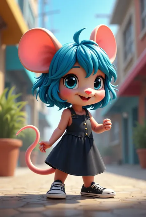 A pretty little rat  , with blue hair ,  wearing a black dress with sneakers on her foot, with big breast 
