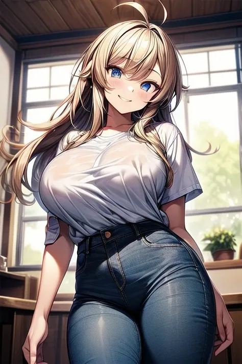 masterpiece, super detail, best quality, beautiful girl, ahoge, smiley, large breast, (tented shirt), jeans, in room, cowboy shot