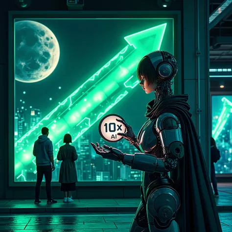 Underground in london with bilboard with  anime character , cool ,adorned , holding  an innovative "10X A.I" logo. A vibrant green arrow ascends, symbolizing growth against a captivating blue-green-grey palette. In the background, enhancing the scene's aes...