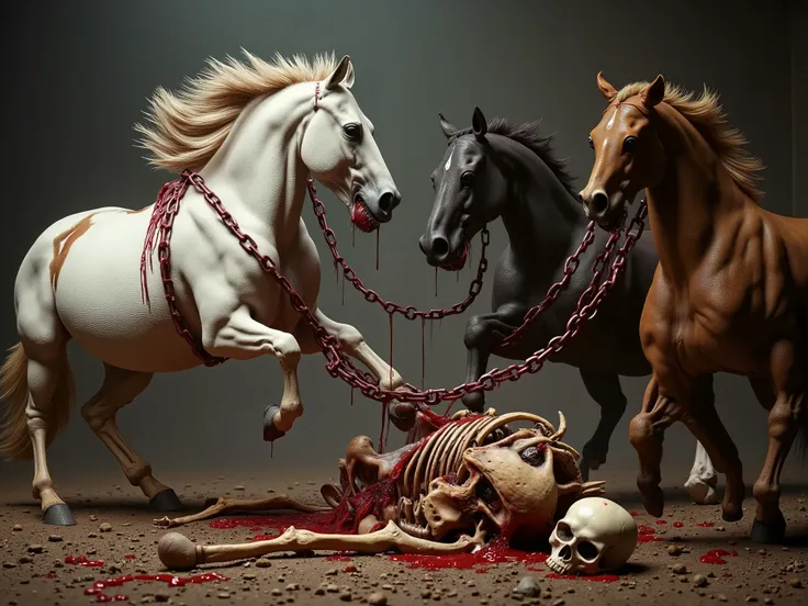 four horses devouring a skeleton, in ancient Greece, mythological, cinematic, dramatic. The horses are colored white, black, chestnut, and caramel. dragging thick chains. flesh, blood, guts. bloody skeleton with guts hanging out. perfect anatomy, skull, bo...