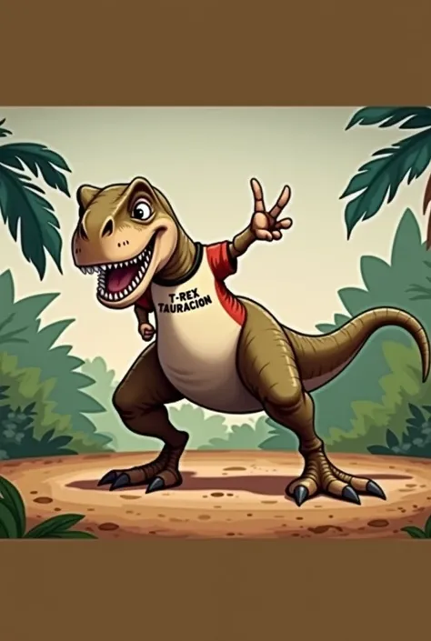  Tyrannosaurus rex cartoon smiling, with red and black t-shirt with text that says T-Rex tauracion, right profile, Showing Victoria's V fingers