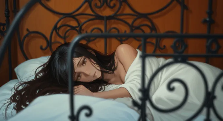 A melancholic woman lying in bed, wrapped in a white blanket, with her long dark hair spread out behind her. The bed features an ornate wrought iron frame in the foreground, and the background has warm-toned walls with intricate ironwork patterns. The soft...