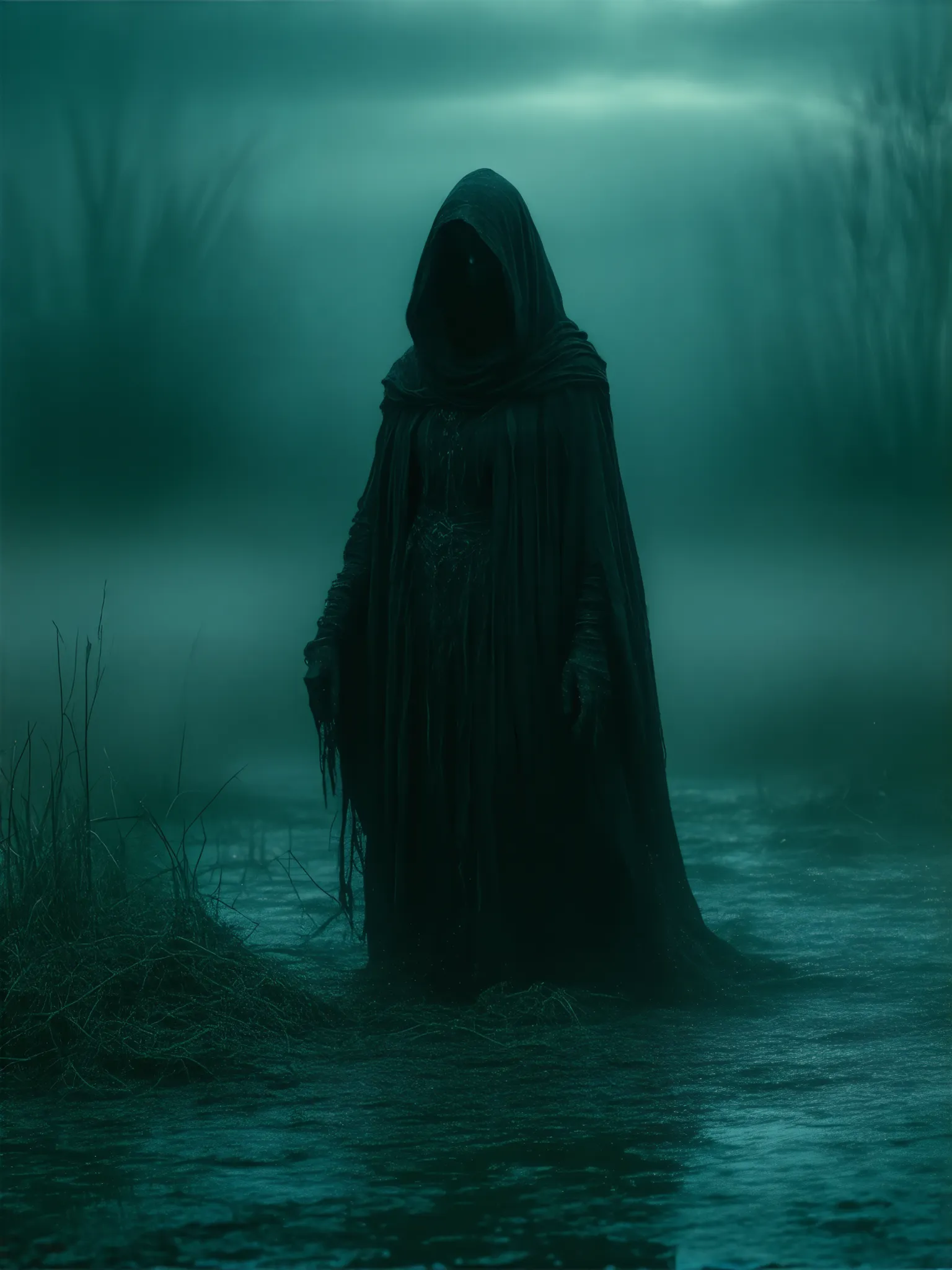 Swamp Witch, occult, black magic, dark entity, horror, fog, nighttime, dark clouds, marshland background, dark surrealism, high detail, masterpiece.