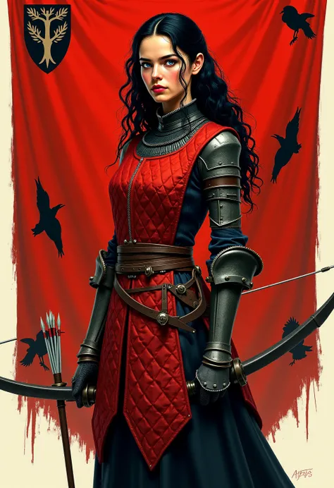 A realistic medieval fantasy portrait of a female warrior. She has thick black curly hair and is tall and thin. She is 25 years. She has long legs and strong arm. She has a plain face but her look is fierce and fearless. She wears a quilted doublet of blac...