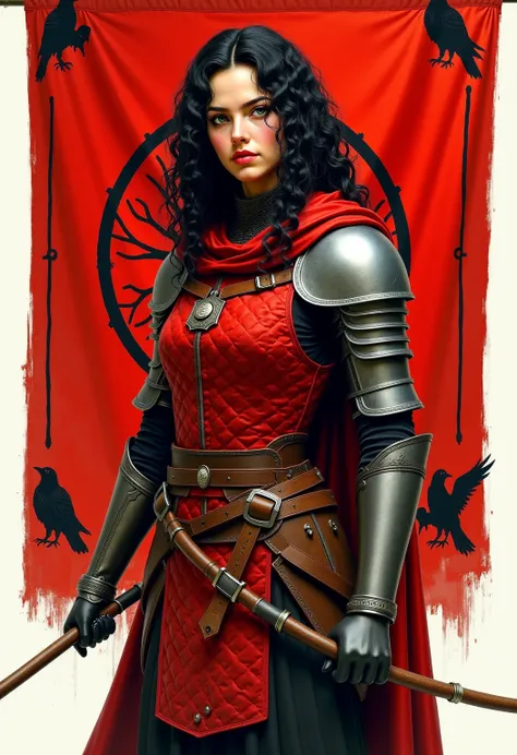 A realistic medieval fantasy portrait of a female warrior. She has thick black curly hair and is tall and thin. She is 25 years. She has long legs and strong arm. She has a plain face but her look is fierce and fearless. She wears a quilted doublet of blac...