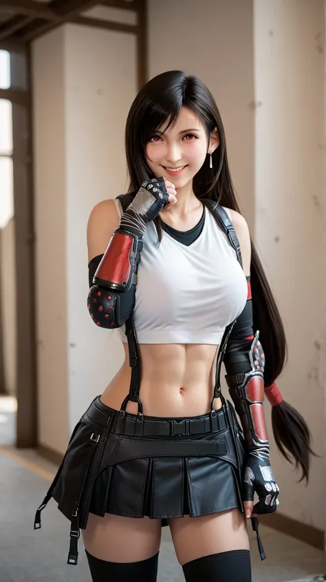 1girl, solo, tifa lockhart, red eyes, low-tied long hair, black hair, earrings, sports bra, black suspenders, pleated miniskirt, black thighhighs, arm guards, elbow gloves, fingerless gloves, large breasts, upper body, blush, smile, happy