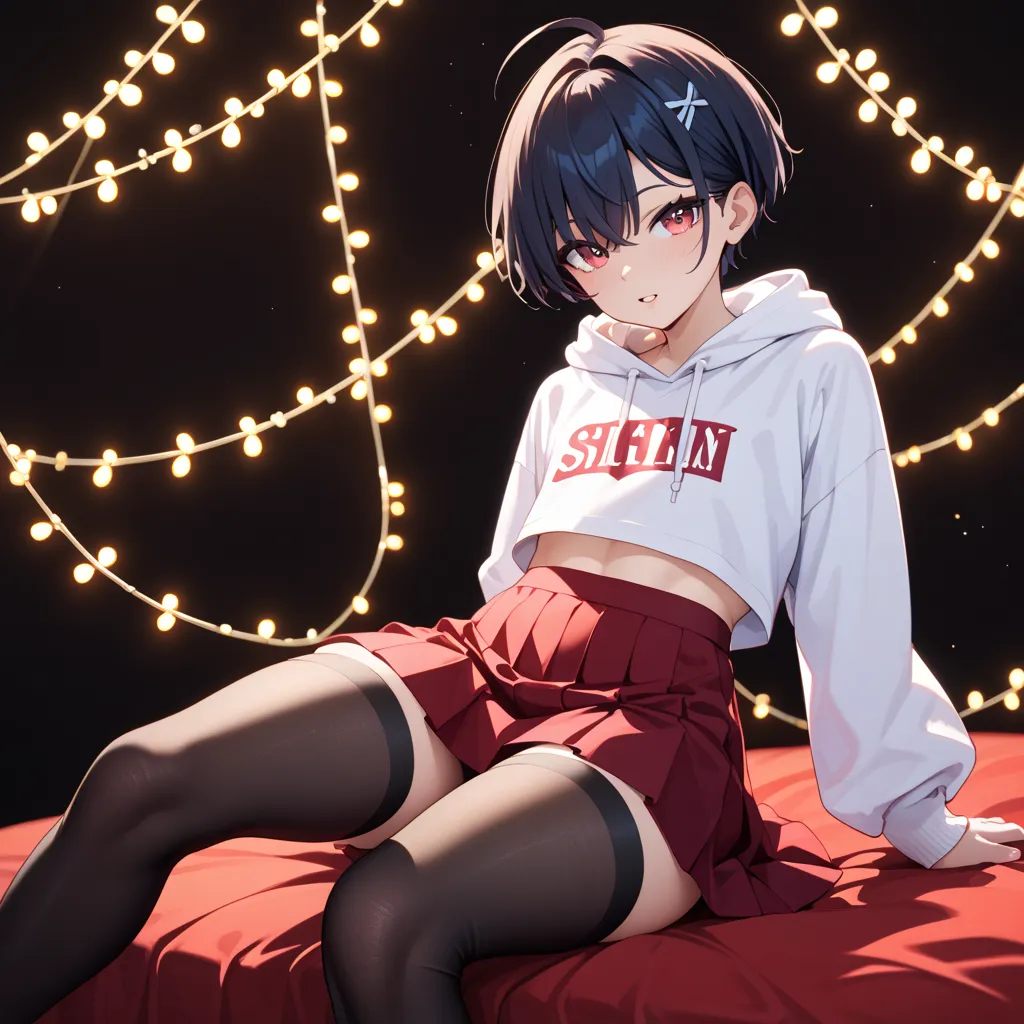 1 femboy,  on the hips black very short hair,  on legs, red string lights, knee-length skirt,  wide hips, with tummy ,  black tights, кроссовки  on legs, white hoodie, стоит  on legs