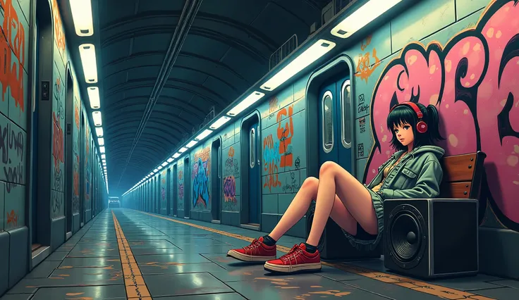 a lofi girl at right side in a subway underground, anime style, hip hop, big speakers on the floor, graffitti, anime