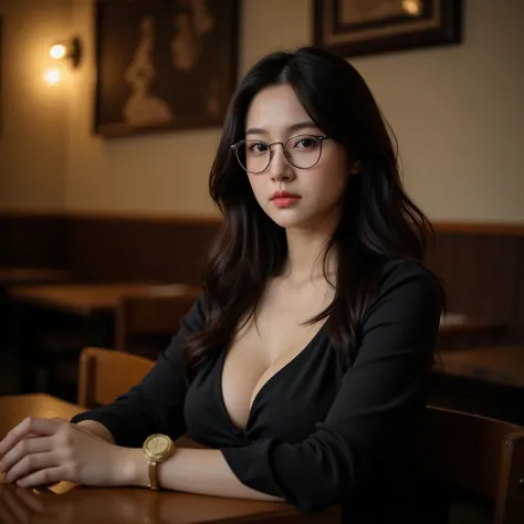 beautiful woman with big boobs, Being in a cafe, wearing casual work clothes and also glasses.