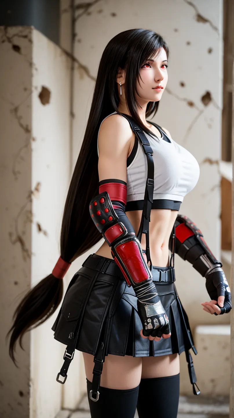 1girl, solo, tifa lockhart, red eyes, low-tied long hair, black hair, earrings, sports bra, black suspenders, pleated miniskirt, black thighhighs, arm guards, elbow gloves, fingerless gloves, large breasts, upper body