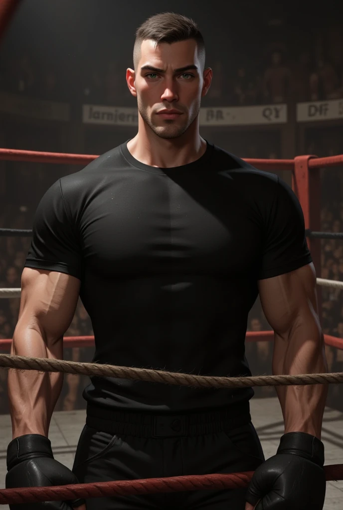 A tall, strong 20-year-old man stands with his arms resting on the ring ropes. In the background, he is standing inside the ring and appears in full body. He is wearing boxing clothes with a black t-shirt and gloves on his hands. He has short, bald dark ha...