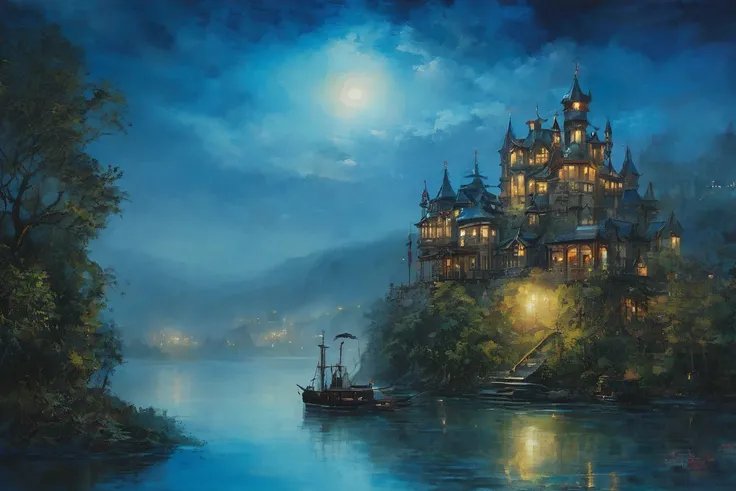  steampunk、oil painting、Thick Fog、Blue Night、Castle and lake