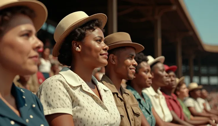 A stunning 4K HDR ultra-realistic cinematic shot from the front captures a row of African American individuals in the stands during a 1950s American sporting event. Their vintage attire, from crisp collared shirts and patterned dresses to neat hats, is ren...