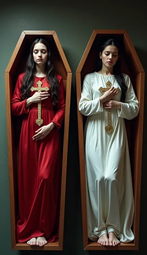 Photorealistic accurate very high detail full top view Dead long hair young girl and dead long woman  eyes closed mouth closed dressed in satin shiny  shrouds hands folded on chests holding crucifixes lying in satin caskets side by side in funeral home bar...