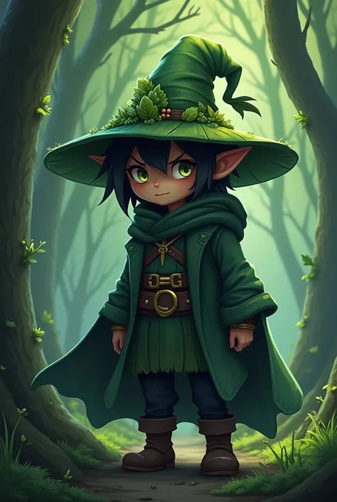 Create me a protagonist for a video game ,  the protagonist is called Nick and he is a forest guardian ,  whose hat is like that of a wizard and is covered with a Type of leaf and is of the Hollow Night style let's go a video game two