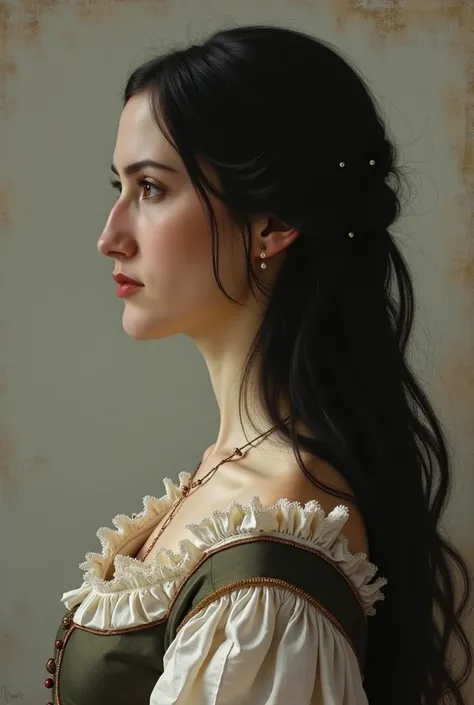 An 18th century woman , profile,  golden brown hair, long thin nose