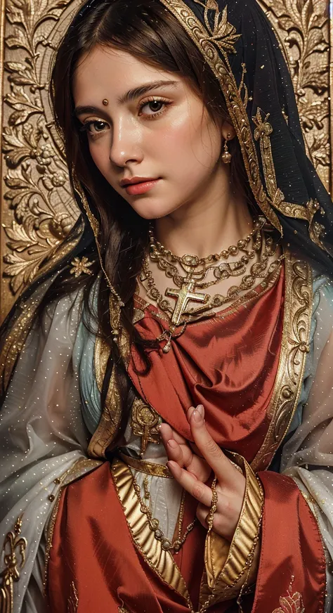 a painting of a woman with a rosary in her hands, religious iconography, inspired by Ángel Botello, virgin mary, by Ángel Botello, holy iconography, queen of heaven, catholic icon, portrait of virgin mary, very detail, 4 k detail, painted in 1530, 4k detai...