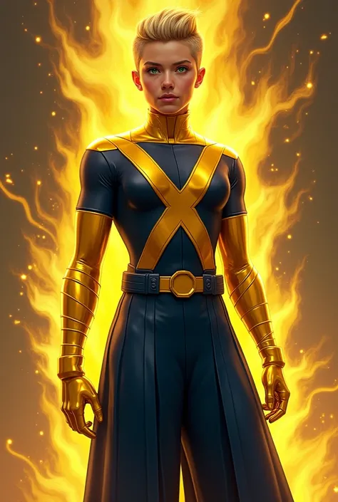  create an image of a character inspired by Marvel.  This character is being bought in full , She's only 21 years old, His hair is short and shaved on the sides, usa barba,  and has green eyes . The character's entire body is made of gold, and wears wide n...