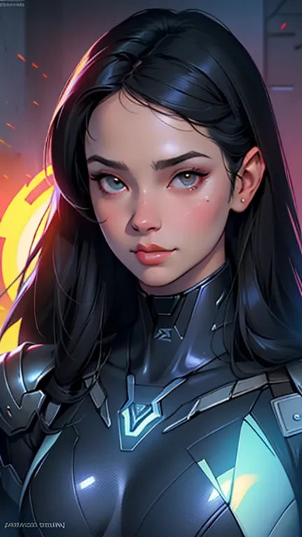  masterpiece,  the best quality,  beautiful detailed hair detailed face,  perfect female face , (happy:1.2), cyberskull mask, (Close-up of Potrait:1.2),  facial focus, a beautiful and pretty woman warframe and shiny black hair, red neon lighting, (sci-fi c...