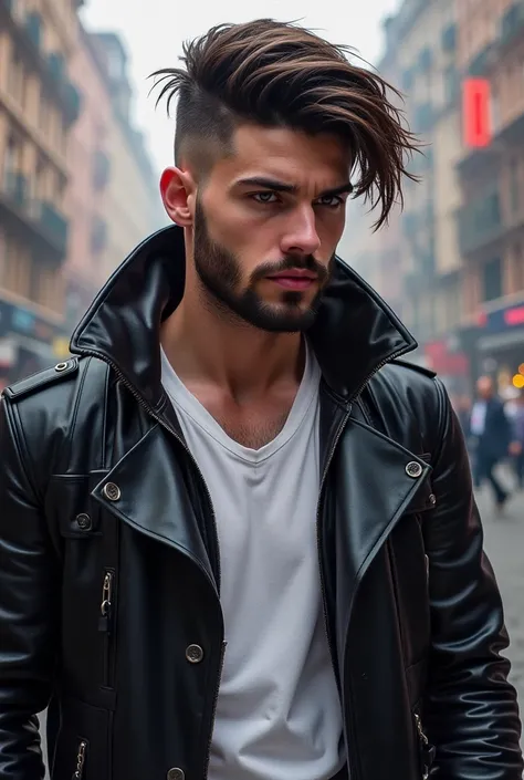 
 Create me a picture portrait cyberpunk style picture smooth oil painting
Male 25 years old 1,70, 70kg,  visible and gray vein
Tired 
Purple eyes
hair cut  : Shave on the sides and catogan
Hair color  : chatain
Tenue: manteau cuir long noir t-shirt col V ...