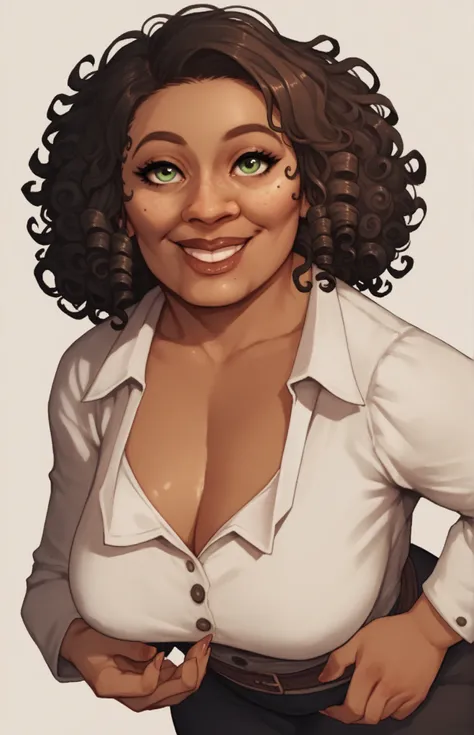 1 woman, mature woman, a dark skinned female dwarf, milf, bartender. Smiling, short, shortstack, looking up at viewer. Black curly hair, dnd, dungeons and dragons, fantasy.