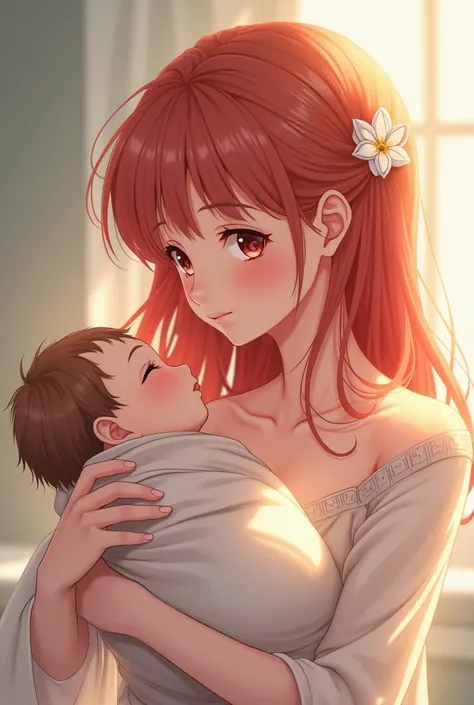 A beautiful anime girl with her baby in her arms