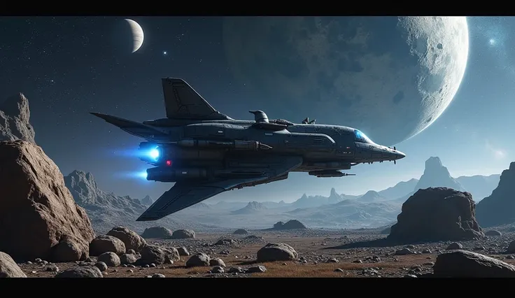 In the vastness of space, a futuristic aircraft is hurtling at high speed through an asteroid field filled with huge rocks. The craft was a massive design full of weapons and dark, filled with advanced technology that was clearly visible on its surface, wh...