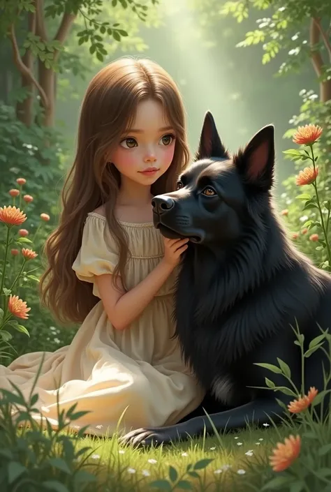 Picture of a very young girl with brown long hair and middle parting sitting in the garden thinking she is wearing a dress next to her a big dog with black long fur