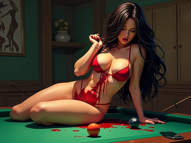 Big breasted topless slender amazon pampers her bloody pussy on a pool table comic photorealistic 