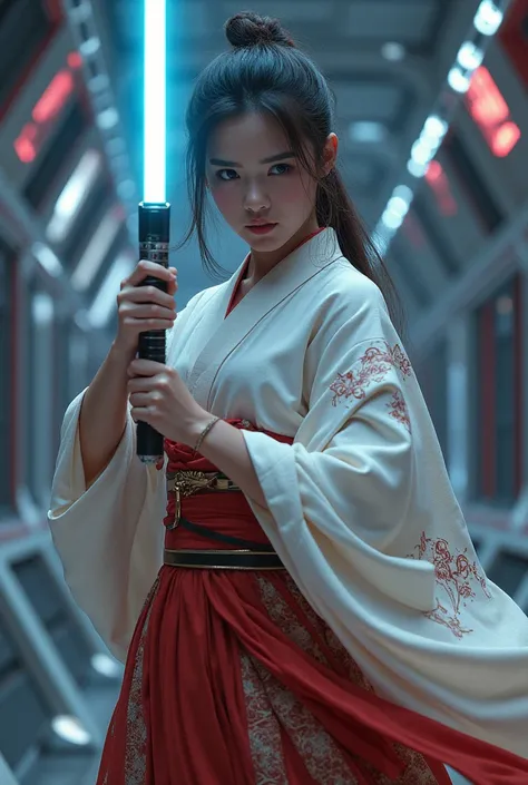 "A girl with a lightsaber and a kimono, set against the backdrop of a spaceship cabin."
