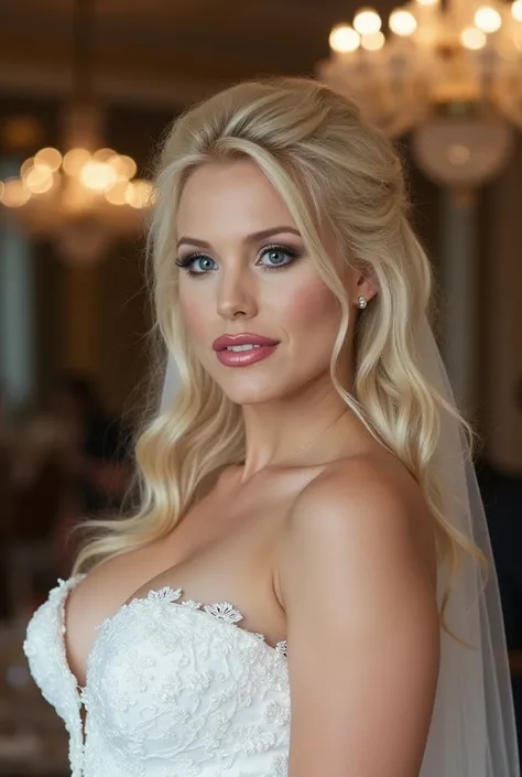 A close-up portrait of   age 38, chubby sexy milf, blue eyes,( Masterpiece, 4k resolution, ultra-realistic, very detailed) platinum blonde hair, long blonde hair, bride, wearing a long white wedding dress, with vibrant blonde hair, blue eyes, captured in u...