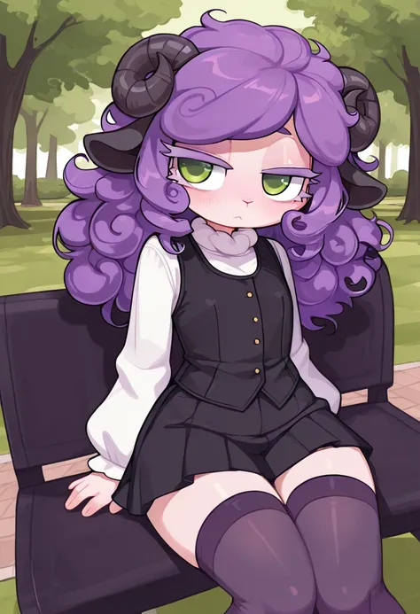   long curly hair ,   purple hair ,  flat chest, purple hair, Cute, black skirt, black vest ,  white shirt,  green eyes, thick blonde lashes , sheep horns,  stockings, sheep ears,   curved, Curvy , adult, One, Park, sitting, 