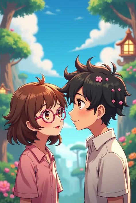 Create a couple in a baby version of a man and a woman.  The woman wears brown hair and pink glasses . The man wears curlers and a small beard. Do it type  "Genshin" o anime