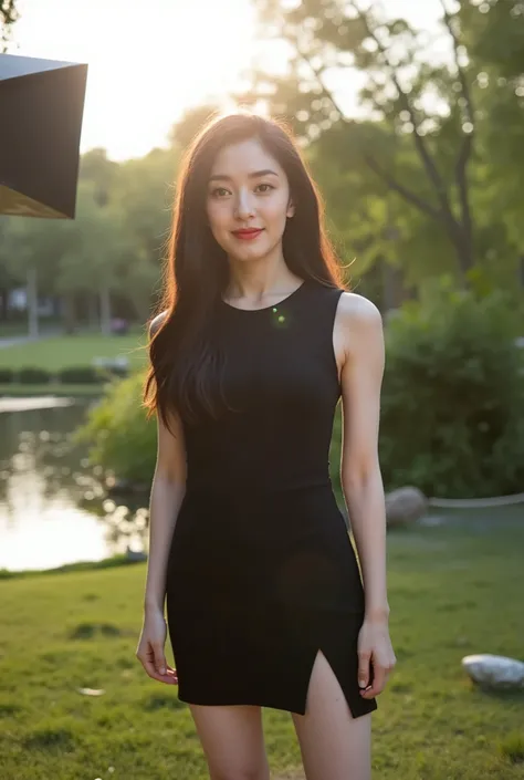 A charming and elegant office girl with fair skin and long, flowing brown hair stands in a sunlit public park. She wears a sleek, form-fitting black dress with a high slit and a mini skirt, accentuating her graceful figure. Her expression is warm and invit...