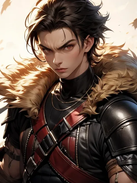 brunette hair, male, red eyes, Serious expression, Monster hunter style, Hand-held sword, Ruffian, high details