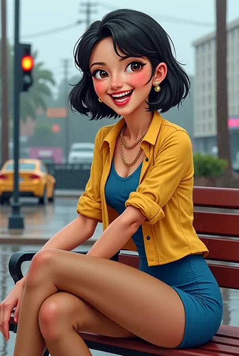 Tip: A very lovely  beautiful Asian American woman being happy alone on a bench in Downtown San Diego in the rain.. The illustration is a high definition illustration with 4k resolution., with highly detailed facial features and cartoon style visuals, yell...