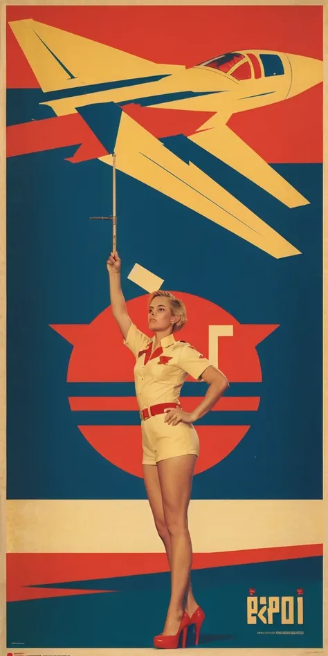 CCCP poster, soviet poster,   USSR flag in the background  , USSR poster, Soviet Union poster,  October Revolution  , ((CCCP poster,  Soviet poster )) (semi-blond  a girl madura)  poster de propaganda , poster,   Soviet flag on the pole ,   blue sky with j...