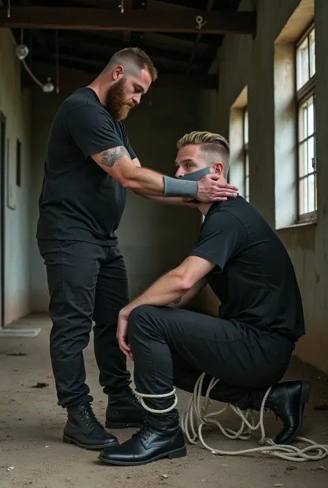 A nordic man with trimmed beard and short hair dressing black riding boots, cargo pants, t-shirt has tied up a blond men from his limbs with rope, black suit and dress shoes. Blond is sitting tied up in abandoned slaughter house, few hooks hanging from a r...