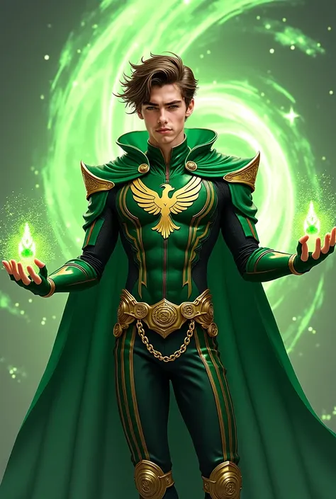 “Full Body. A Green Magic-powered 25-year-old Caucasian White male Mage in a green and black skin-tight muscle-defining outfit with gold and green metal details. Green and black cloak with gold metal details and inclusions. Gold Metal phoenix symbol on the...