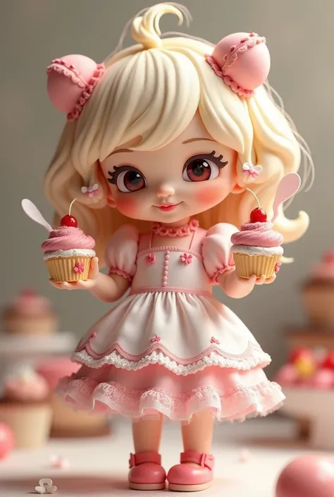 Pretty pastry doll with a cooking shake in one hand and a sleeve in the other. 