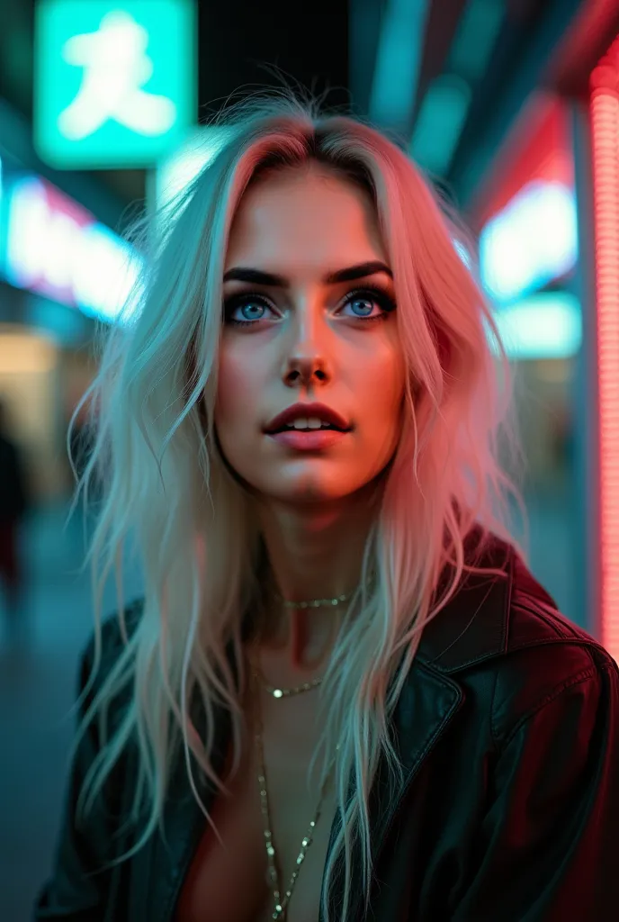 A stunning Instagram model with long white hair and piercing green eyes sticks out her tongue playfully, her eyes sparkling with confidence. One eyebrow is slightly raised, and she tilts her head to the side. The background is an urban cityscape at night, ...