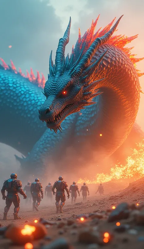 "A dragon of water and fire , with scales that change from blue to deep red ,  fighting against an army of robots in a crystal desert.  details :  epic style, contrasting colors,  detailed and dynamic textures ."