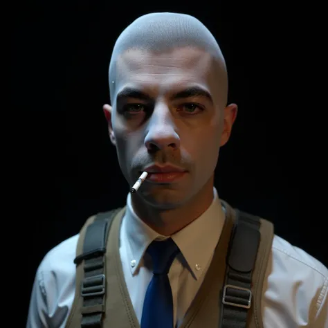 ((Masterpiece)), ((Ultra-detailed 3D character rendering)), ((8K resolution)), ((uncanny surrealism)), BREAK.  
A **hyper-realistic 3D-rendered masked criminal**, dressed in a **white dress shirt, blue tie, and tactical brown vest**, with a **radio harness...