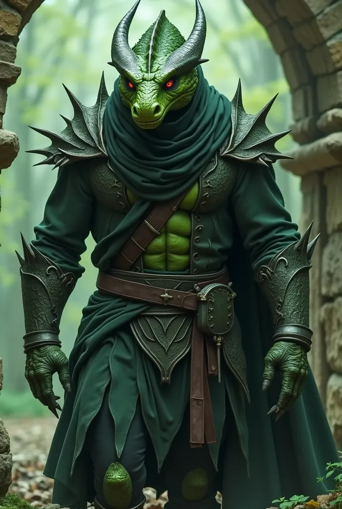 A large dragonborn in green with wild eyes, a sharp snout and a  ,  spiny-jawed dungeons   & dragons, MEDIEVAL FANTASY,  dressed as an acolyte in shades of black and gray , Heretic Hunter . 