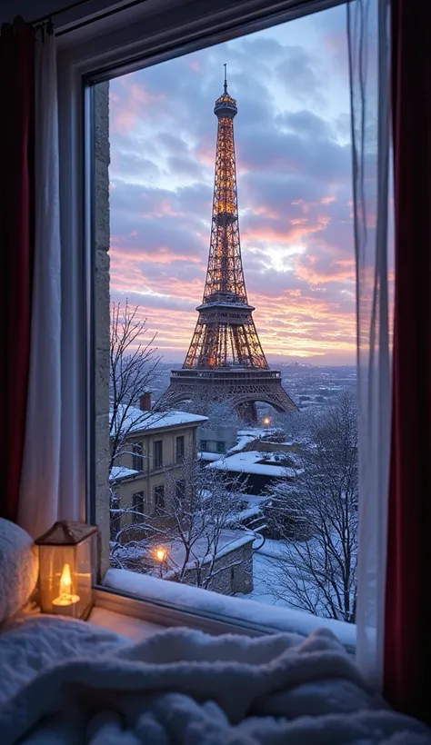 ultra real, hyper realism, UHD, 4k, eiffel tower from far from a house window, winter