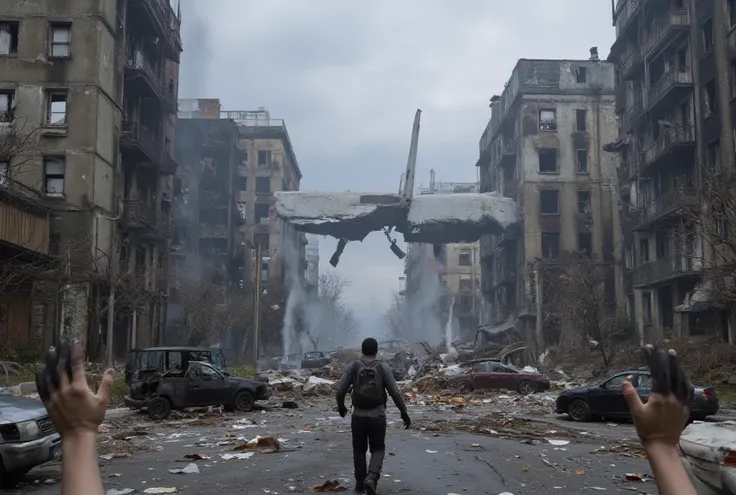  image of a first-person view of a survivor walking in the middle of a shopping street like   "times square"  of a 50-story metropolis , abandoned,   deteriorated concrete buildings rounded with smoke coming out of the wide windows and Horizon  ,   smoke c...