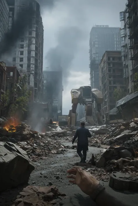    first-person image of a survivor walking in the middle of a street in the commercial center of a metropolis with very tall concrete buildings of 50 floors abandoned and deteriorated and surrounded by smoke coming out, broken windows up to the horizon  ,...